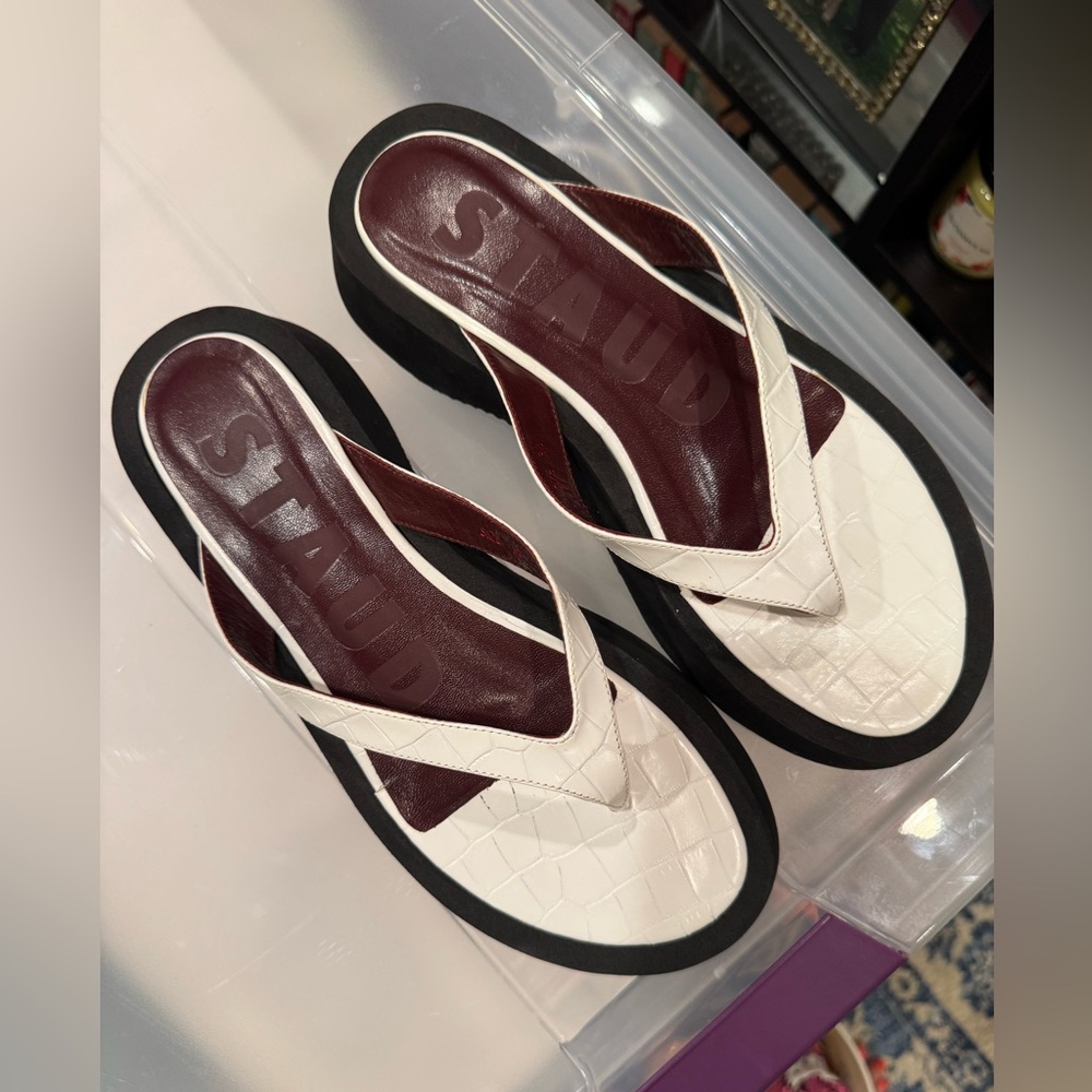 STAUD White and Black Croc-Embossed Sandals - Picture 3 of 4